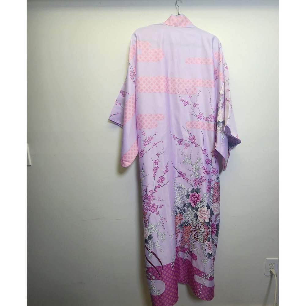 Vtg Maruky Kyoto Tokyo Kimono Wrap Robe Lavender Satin Cherry Blossoms Maxi - Picture 2 of 11